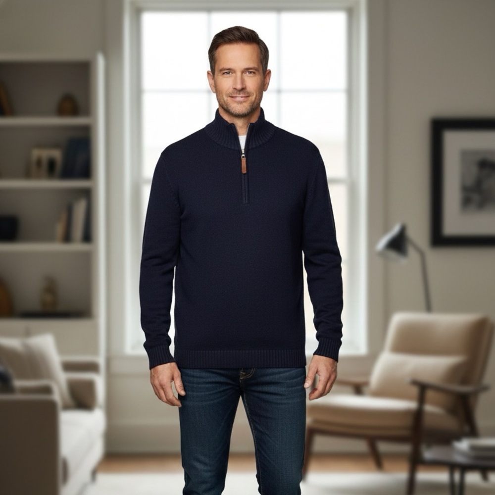 Tommy Bahama navy blue quarter zip sweater ribbed collar and cuffs size large